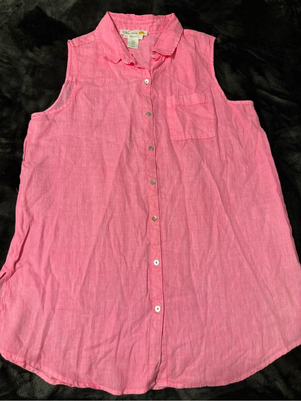 Coastal Sleeveless linen Button Down neon pink Cottagecore euro summer